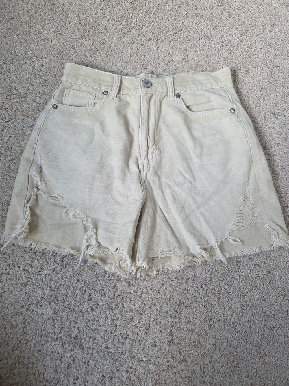 American Eagle Outfitters Cream Distressed Denim Mom Shorts